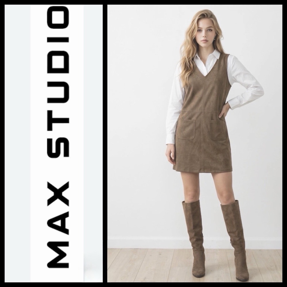 Max Studio London Faux Suede Mini Shift Dress Sz S Beige Retro Mod Academia NWOT